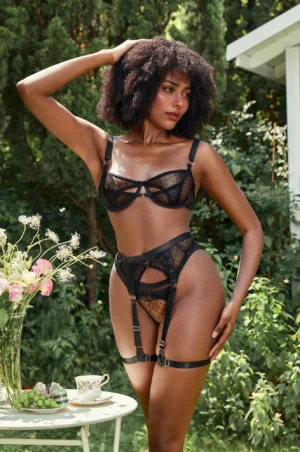 Conjunto de Lencería de Malla Negra de Tres Piezas