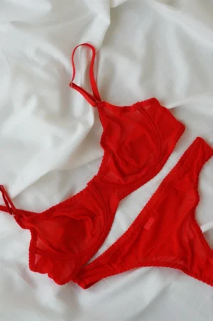 Conjunto de lencería transparente en color tomate