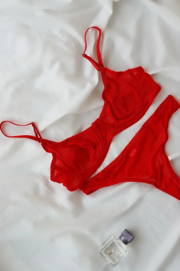 Conjunto de lencería transparente en color tomate