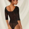 Bodysuit Negro con Rítulos de Cristal y Lazos de Seda