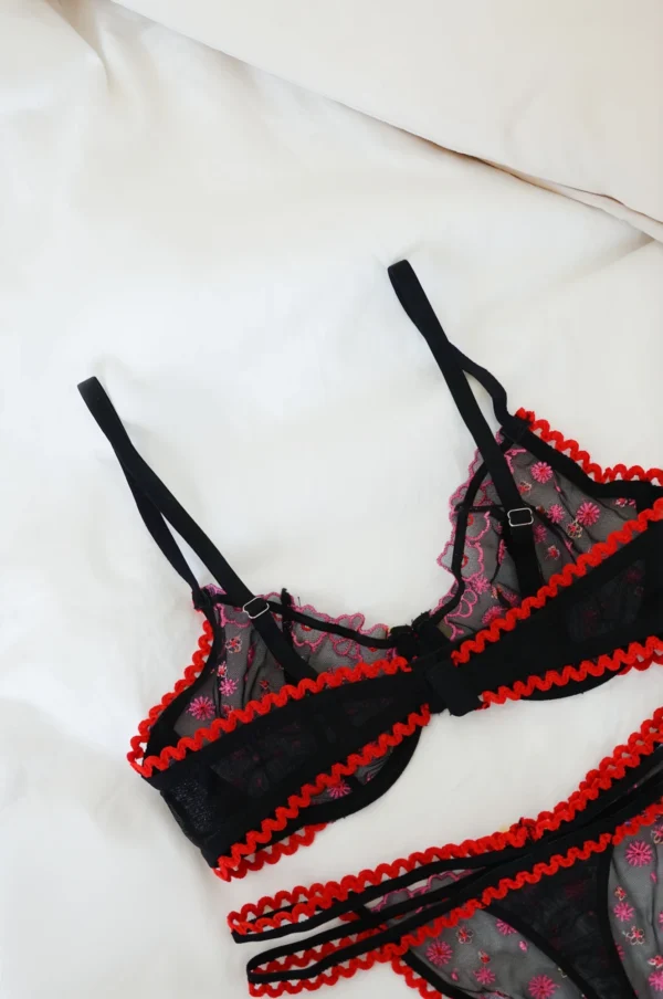 Lencería Negra Transparente con Bordados Florales Rosa y Borde Rojo