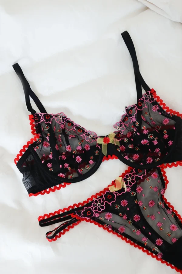 Lencería Negra Transparente con Bordados Florales Rosa y Borde Rojo