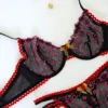Lencería Negra Transparente con Bordados Florales Rosa y Borde Rojo