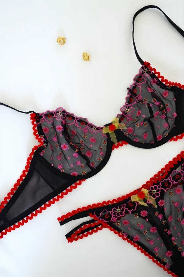 Lencería Negra Transparente con Bordados Florales Rosa y Borde Rojo