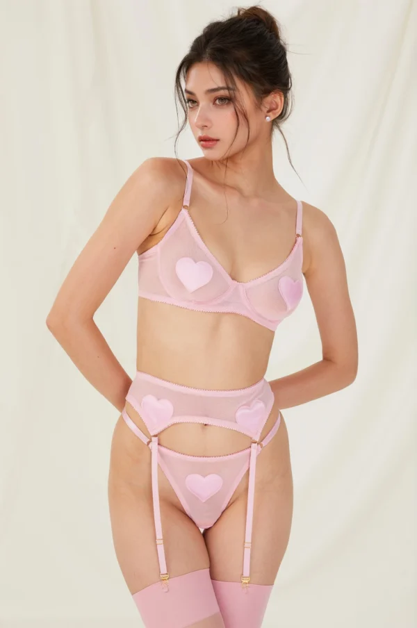 Conjunto de Lencería de Malla con Aplicaciones de Corazones de Satín Rosa