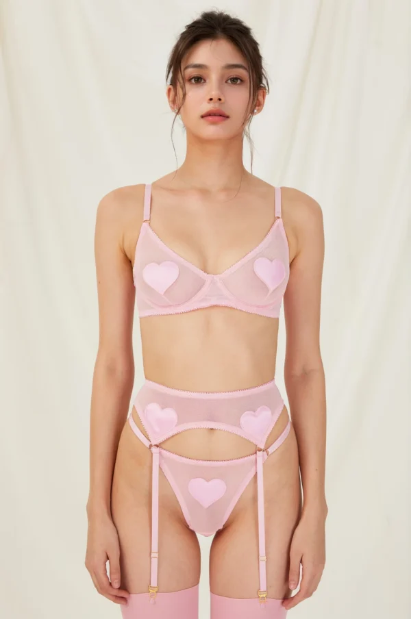 Conjunto de Lencería de Malla con Aplicaciones de Corazones de Satín Rosa